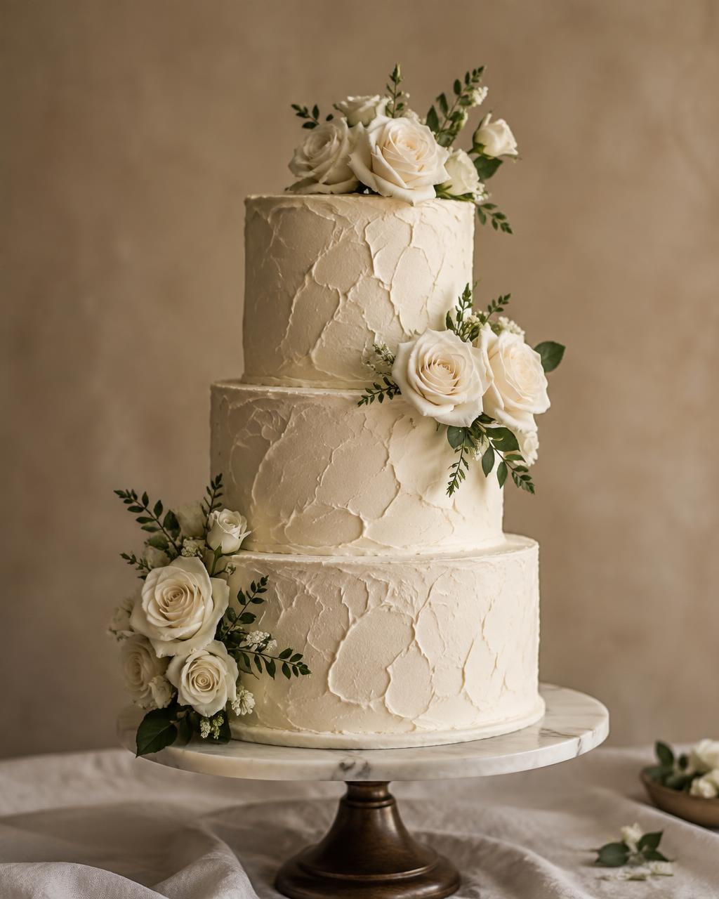Bolo de noiva de três andares com rosas brancas